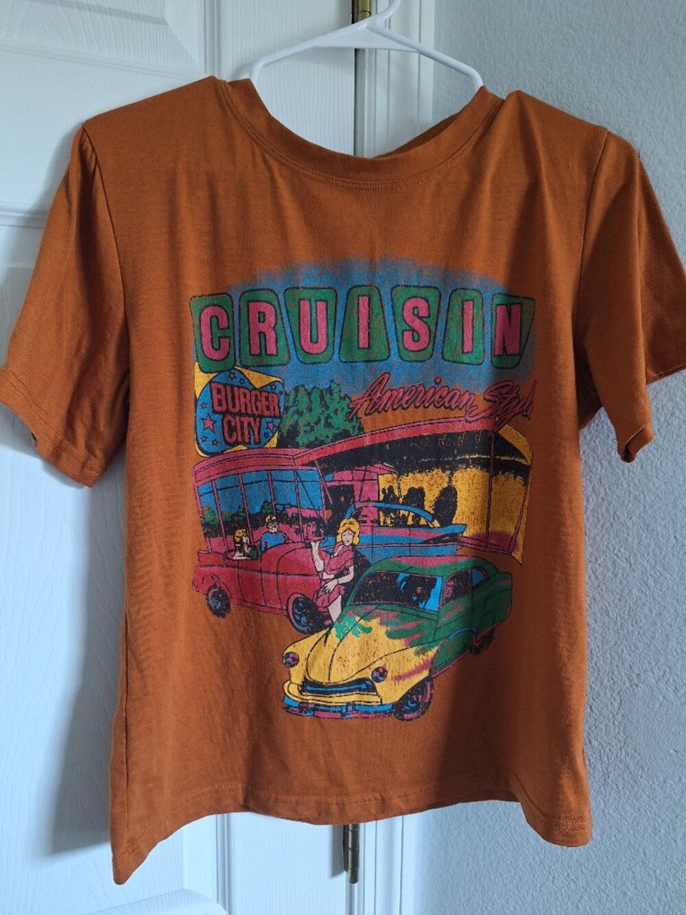 SHEIN Retro Cruisin American Style Graphic Tee Burnt Orange